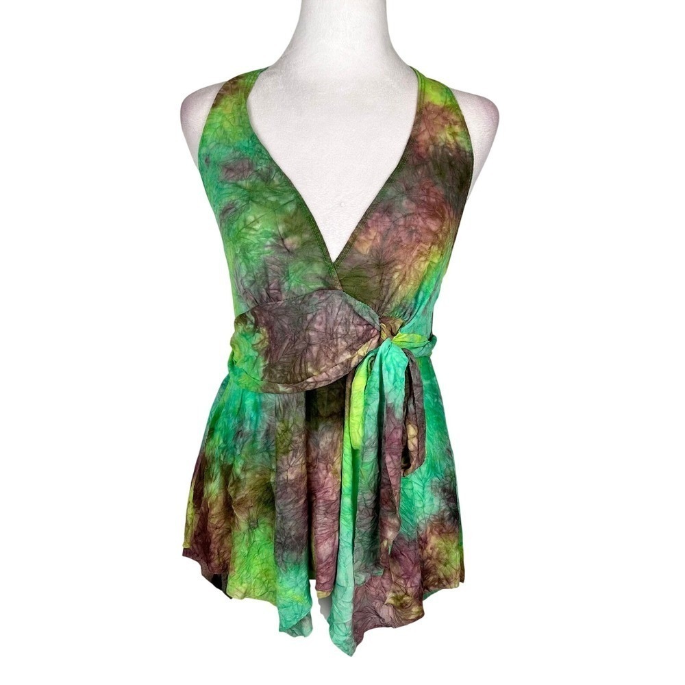 Tie Dye Mesh Halter Top XS Y2K Festival Ren Fair Green Purple Rave Forest Fairy